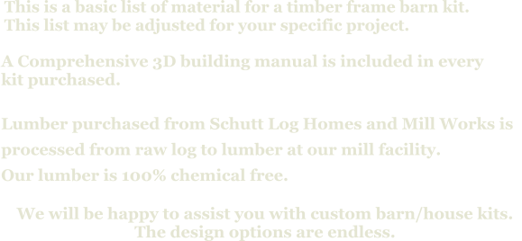 A Comprehensive 3D building manual is included in every  kit purchased.  Lumber purchased from Schutt Log Homes and Mill Works is  processed from raw log to lumber at our mill facility. Our lumber is 100% chemical free.   We will be happy to assist you with custom barn/house kits.   The design options are endless.   This is a basic list of material for a timber frame barn kit. This list may be adjusted for your specific project.